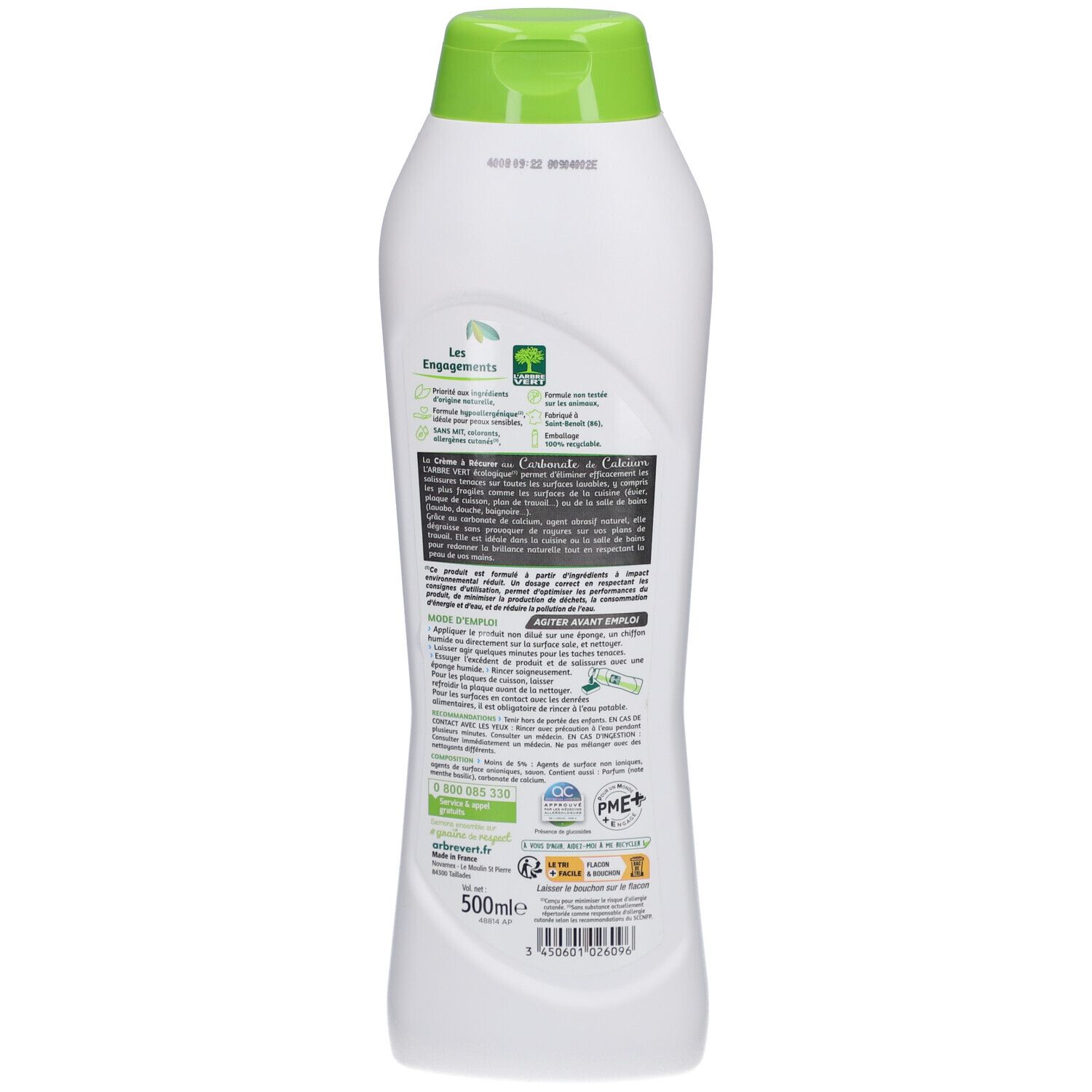 Dos du flacon blanc et vert. Texte et informations sur le produit et certifications.