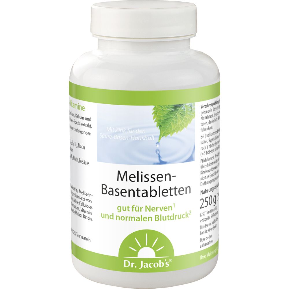 Flacon blanc avec texte vert. Contient des comprimés. Inscription : Melissen-Basentabletten, Dr. Jacob's.