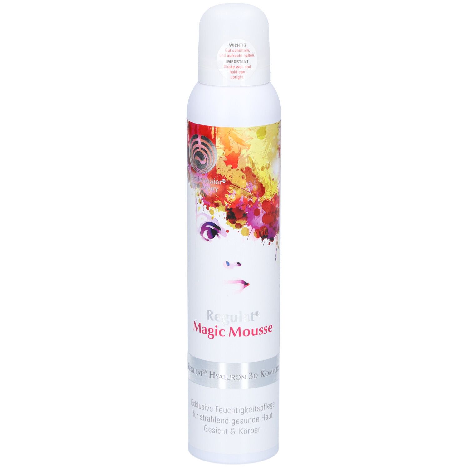 Flacon blanc avec design coloré et nom du produit. Inscription: Regulat Magic Mousse. Représentation d'un visage.