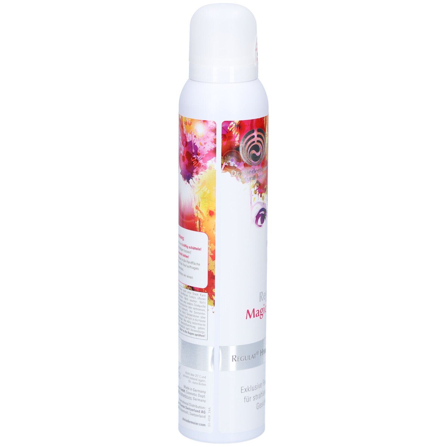 Flacon spray blanc, dos avec design coloré et texte. Bande argentée. Texte: Regulat. Soin hydratant exclusif.