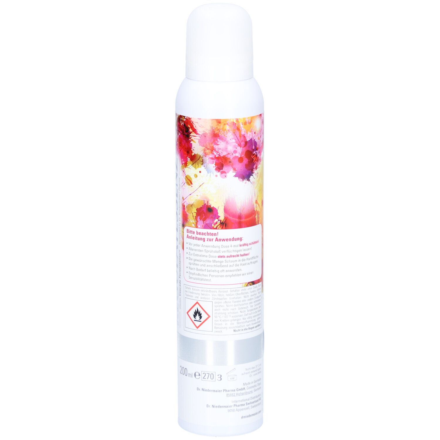 Flacon spray blanc, dos avec design coloré et texte. Texte: Instructions d'utilisation. 200 ml. Symbole de danger.
