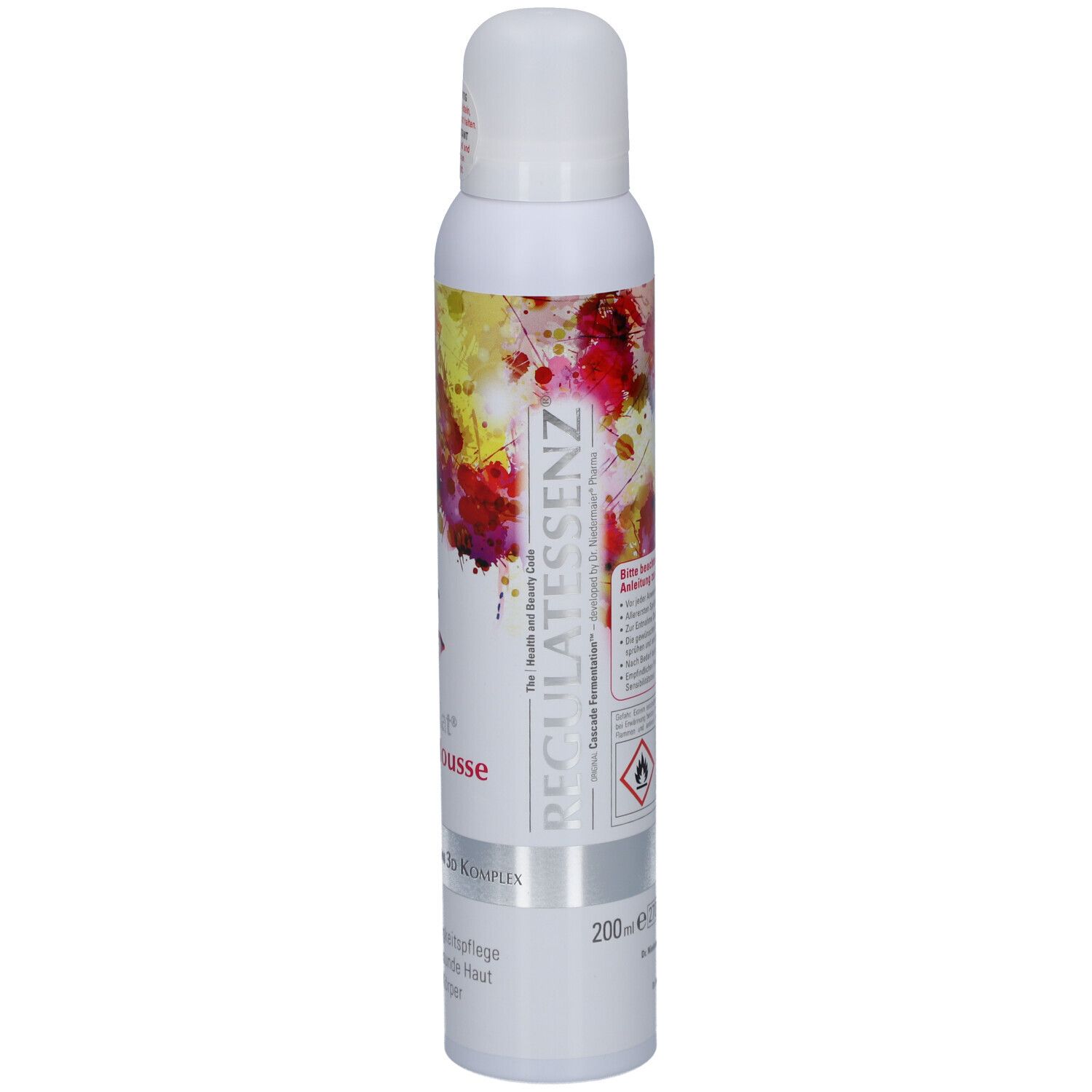 Flacon spray blanc avec design coloré et texte. Texte: Regulatessenz. 200 ml. Symbole de danger. Soin de la peau.