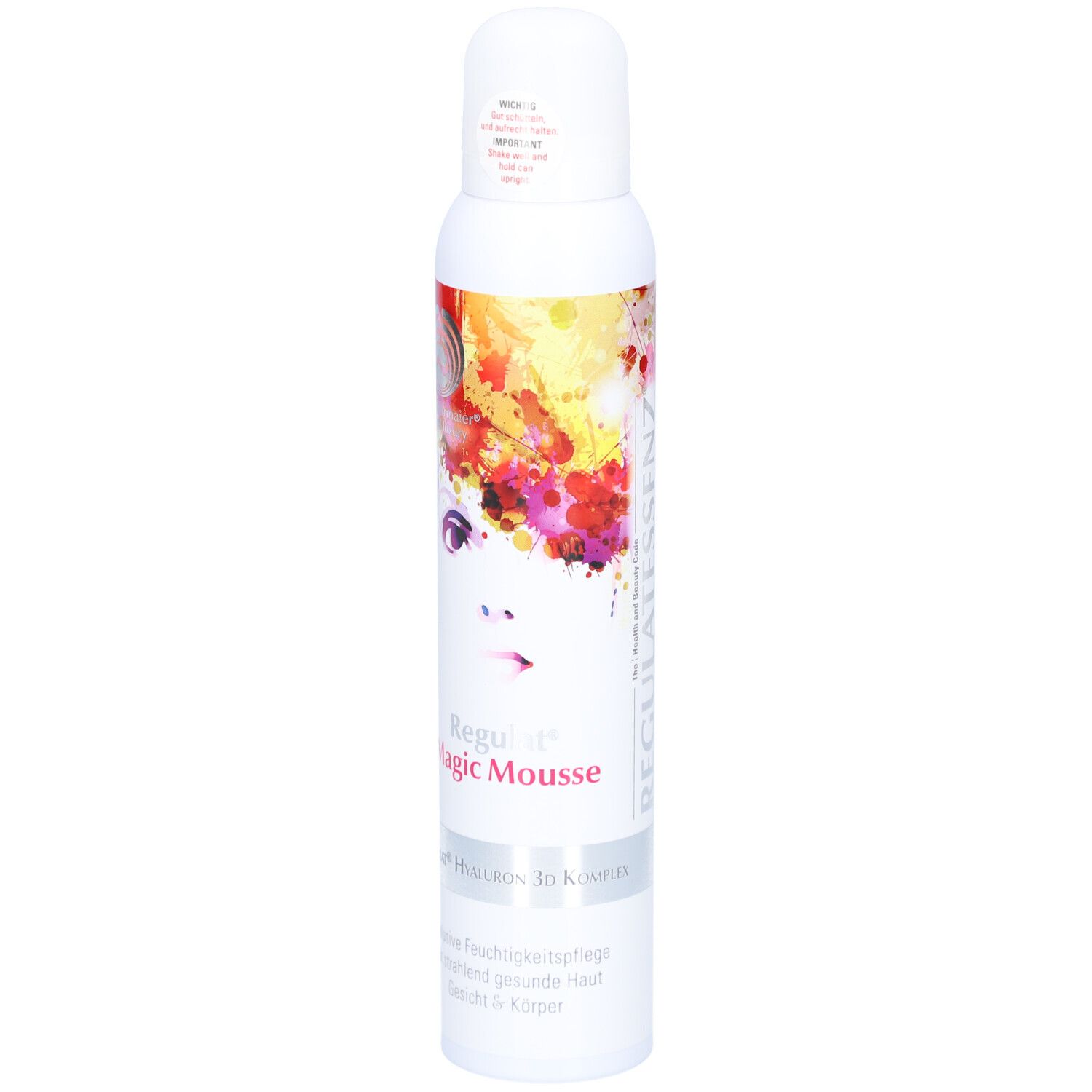 Flacon spray blanc avec design coloré et nom du produit. Inscription: Regulat Magic Mousse. Représentation d'un visage.