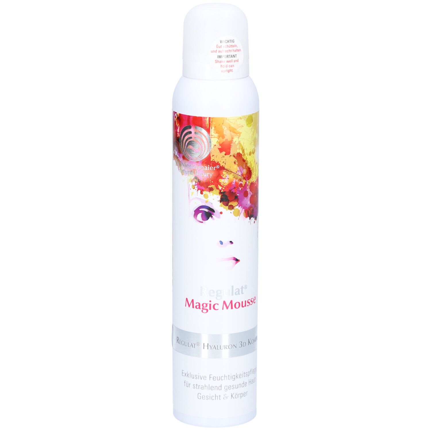 Flacon spray blanc avec design coloré et nom du produit. Inscription: Regulat Magic Mousse. Représentation d'un visage.