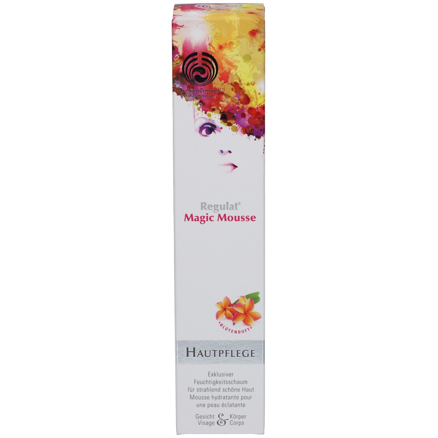 Emballage du produit. Blanc, design coloré, nom du produit. Texte: Soin de la peau. Visage & Corps. Illustration de fleurs.