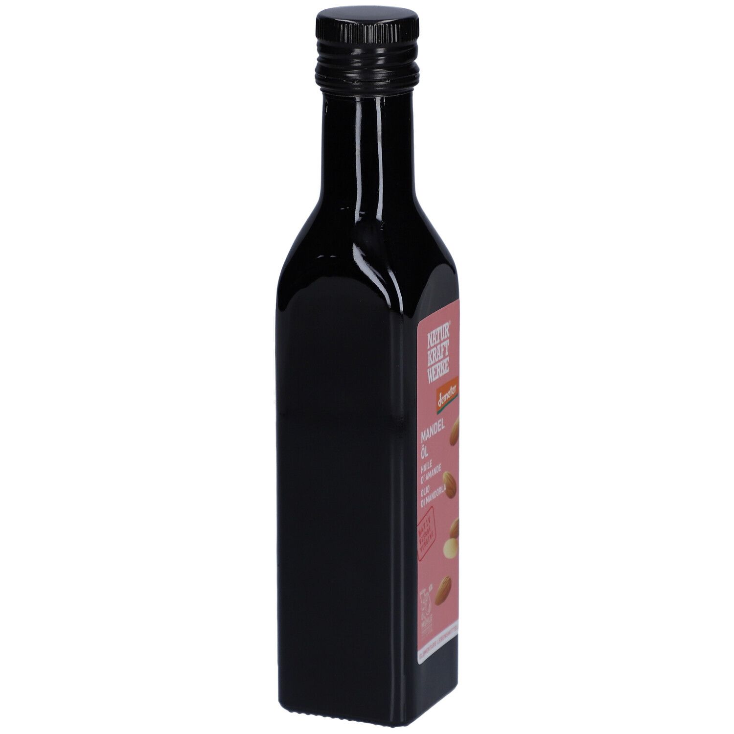 Bouteille noire avec bouchon noir. Étiquette rose avec nom du produit et amandes. Vue latérale.