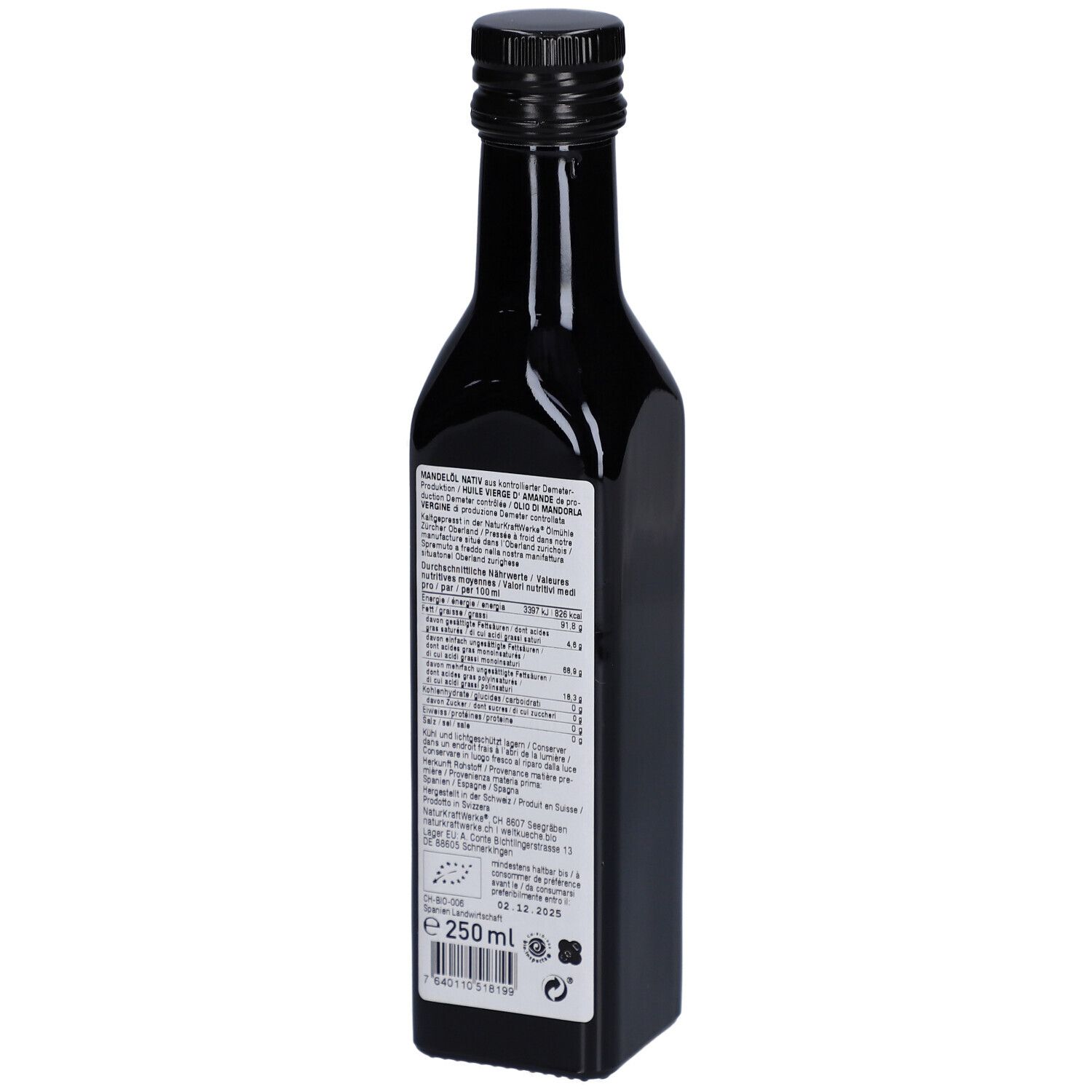 Bouteille noire avec bouchon noir. Dos avec texte et informations nutritionnelles. 250 ml.