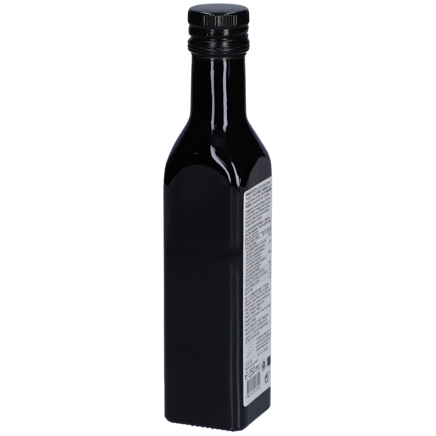 Bouteille noire avec bouchon noir. Vue arrière avec texte. 250 ml.