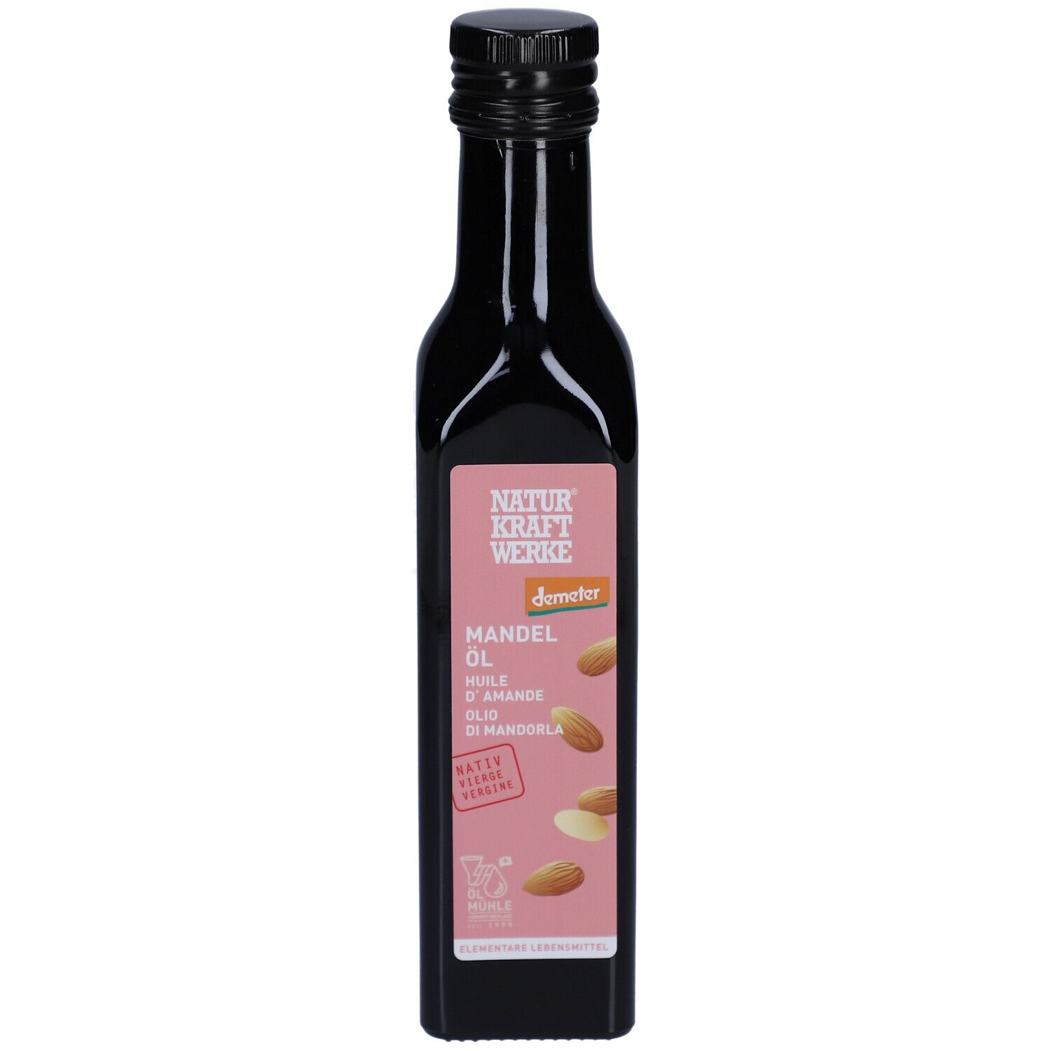 Bouteille noire avec bouchon noir. Étiquette rose avec nom du produit et amandes. Label Demeter.