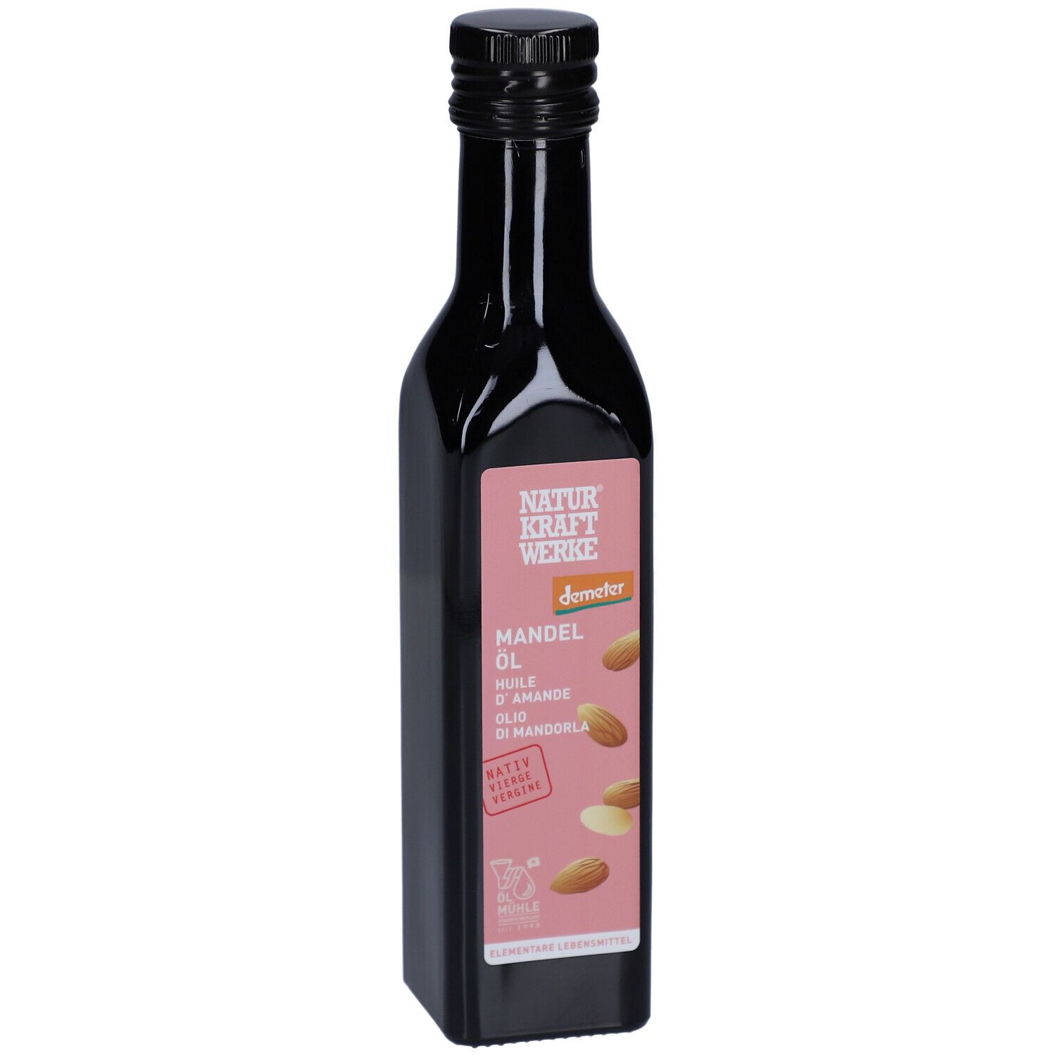 Bouteille noire avec bouchon noir. Étiquette rose avec nom du produit et amandes. Label Demeter.