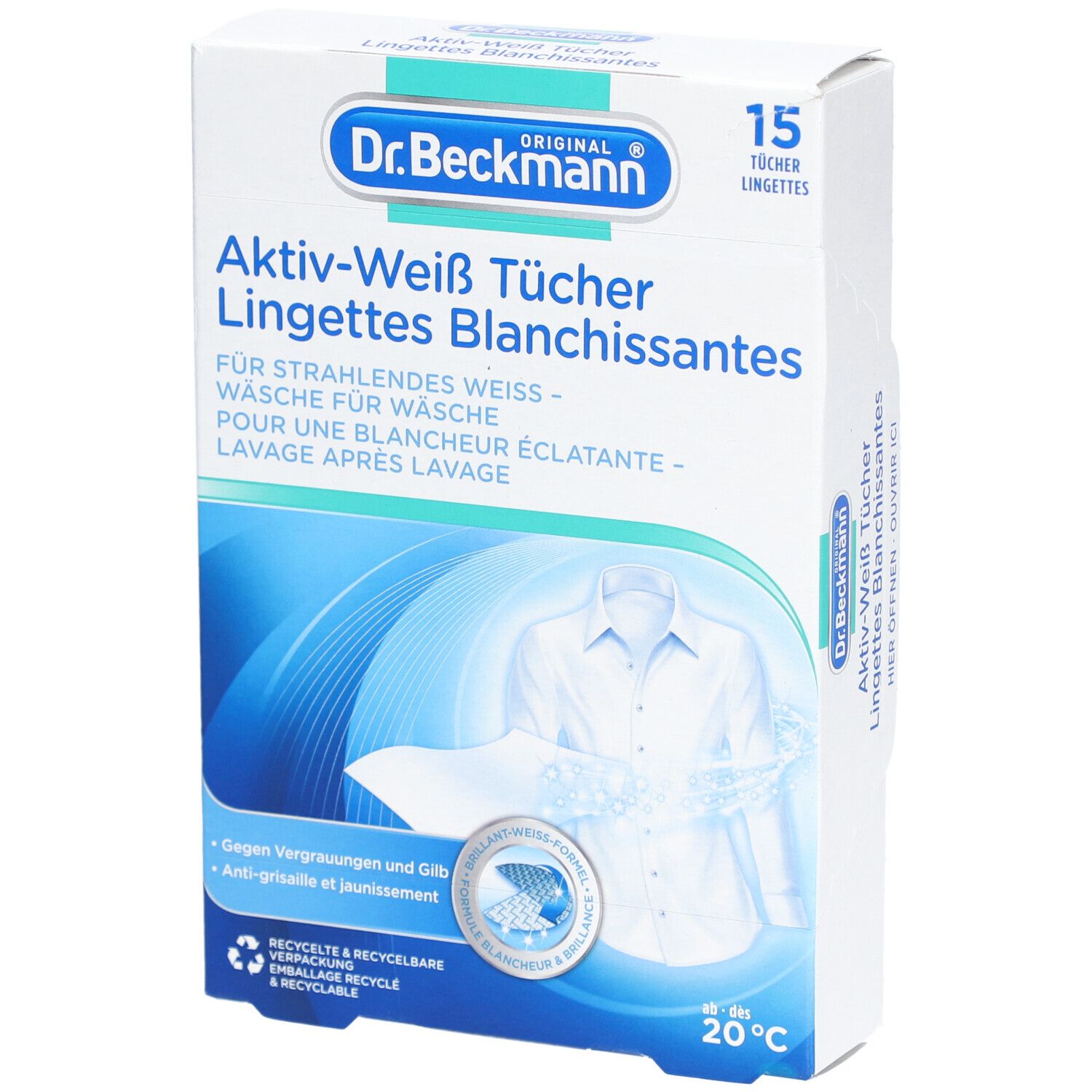 Boîte de "Dr. Beckmann Lingettes blanchissantes". 15 lingettes. Image d'une chemise blanche.