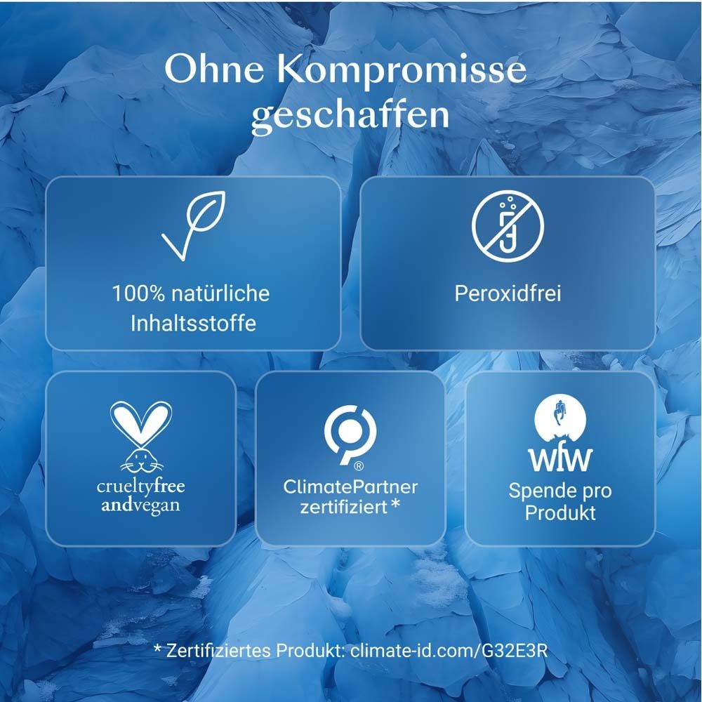 Fond bleu avec logos. Texte: Ingrédients 100 % naturels, Sans peroxyde, Crueltyfree andvegan.