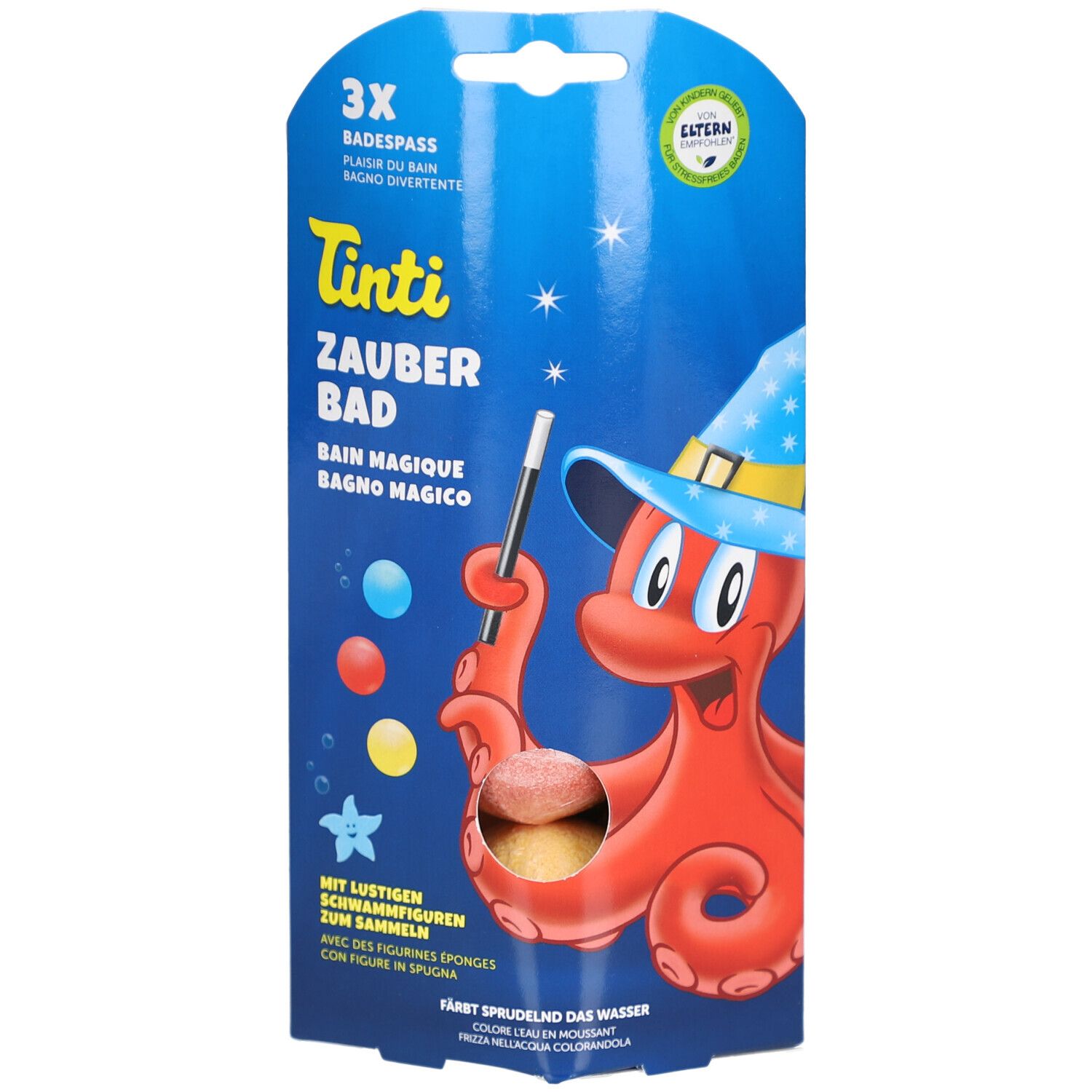 Emballage Tinti Zauberbad. Fond bleu, poulpe de dessin animé avec baguette magique. Contient 3 boules de bain.