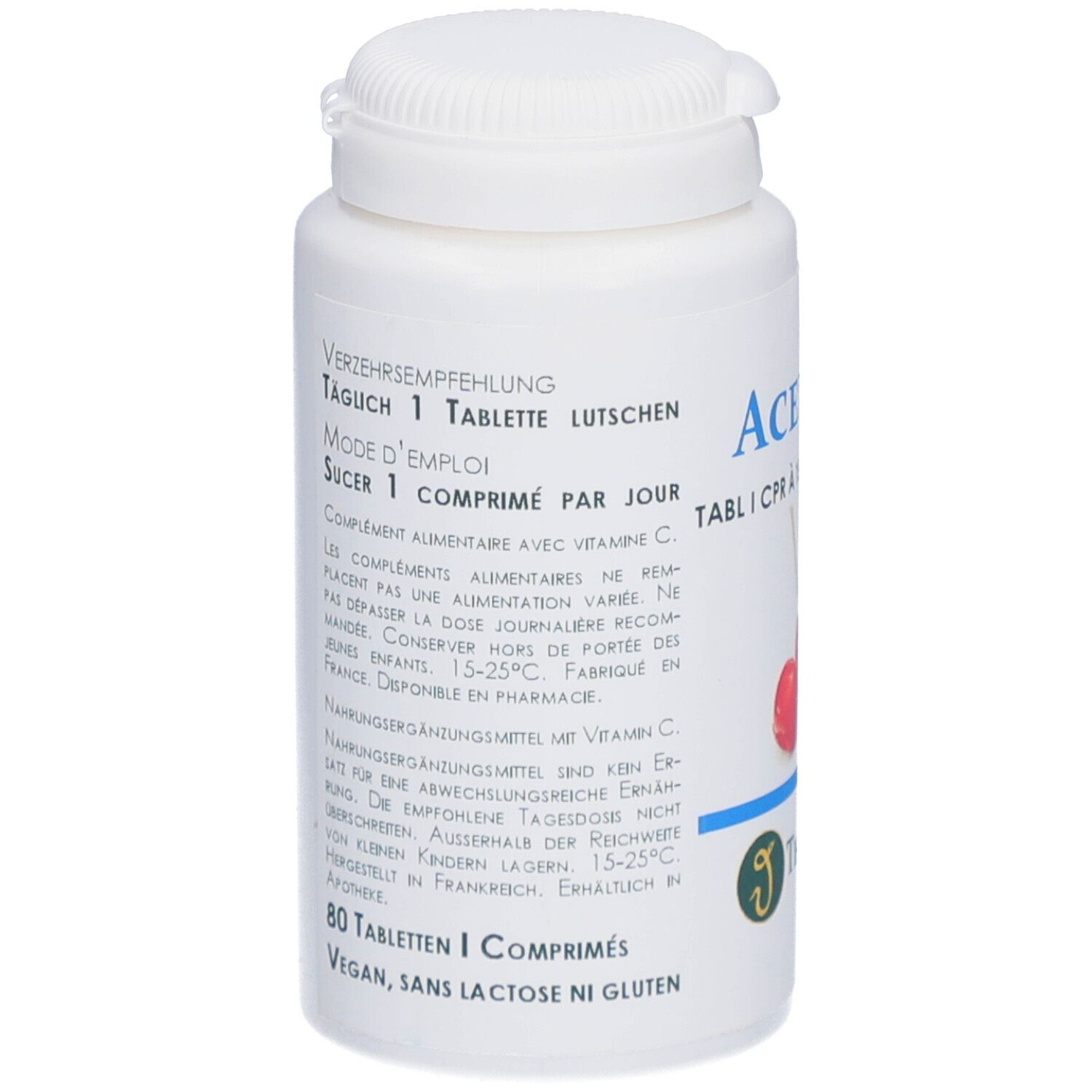 Flacon blanc avec bouchon à vis. Dos avec texte. Inscription: 80 comprimés, Vegan, sans lactose ni gluten.