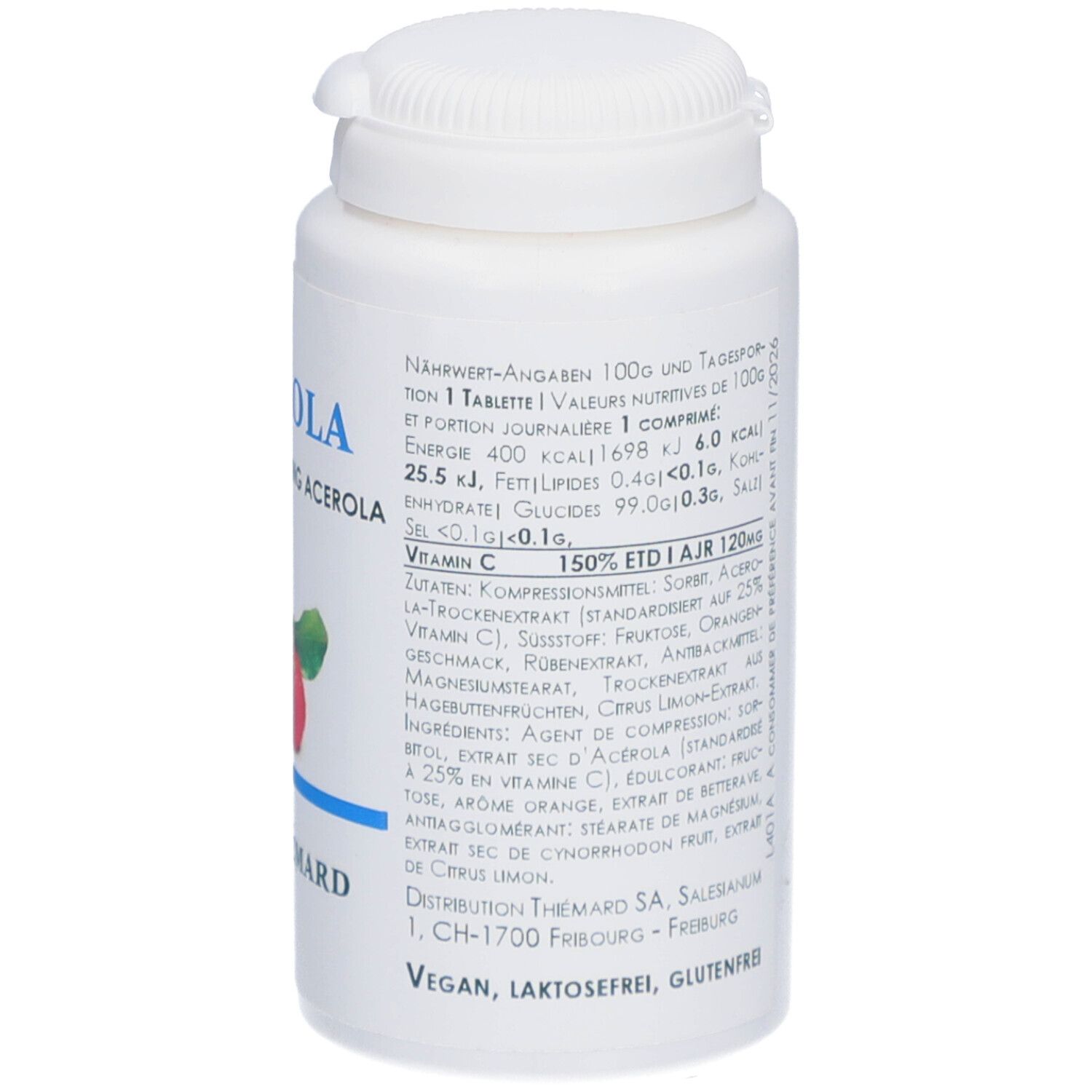 Flacon blanc avec bouchon à vis. Dos avec texte. Inscription: Acerola, THIÉMARD, 150% EID/AJR 120mg vitamine C.