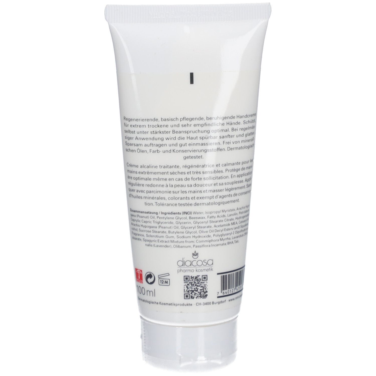 Dos du tube de crème. Texte avec ingrédients et informations du fabricant. Diacosa.
