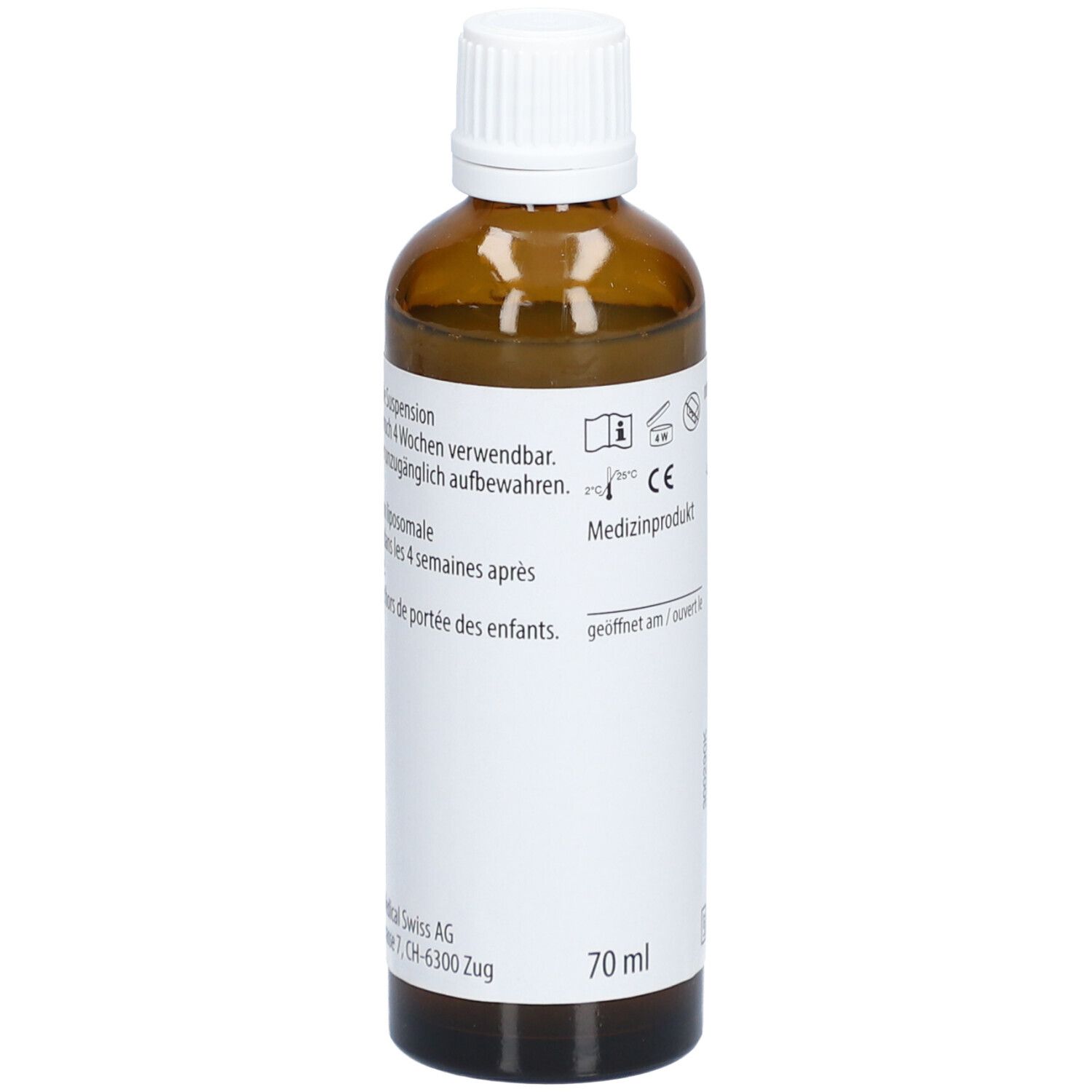 Flacon brun avec bouchon blanc. Étiquette avec informations. Dispositif médical. 70 ml.