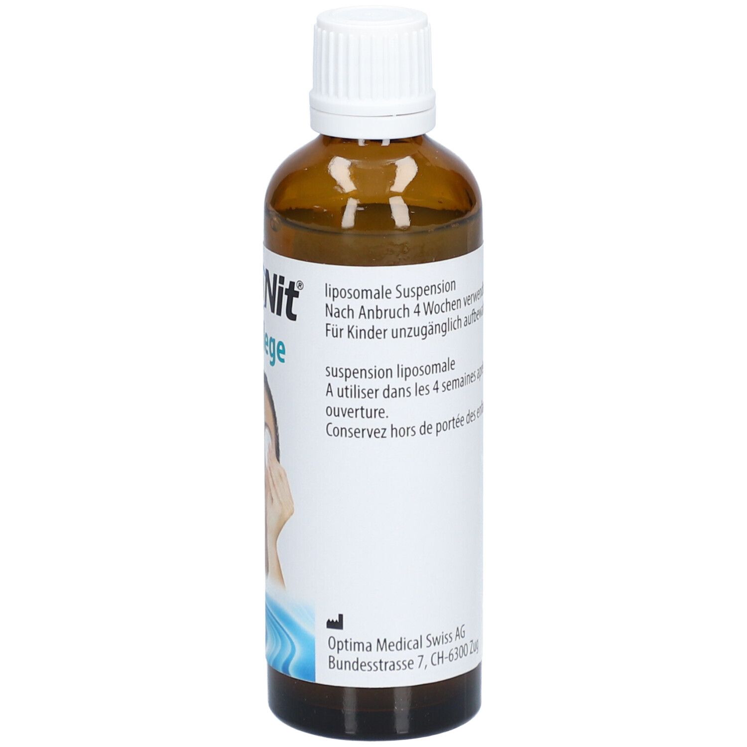 Flacon brun avec bouchon blanc. Étiquette avec informations. Dispositif médical. 70 ml.