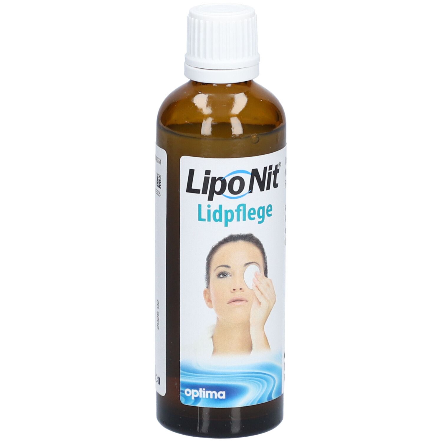 Flacon brun avec bouchon blanc. Inscription: Lipo Nit Lidpflege. Femme avec coton sur l'œil.