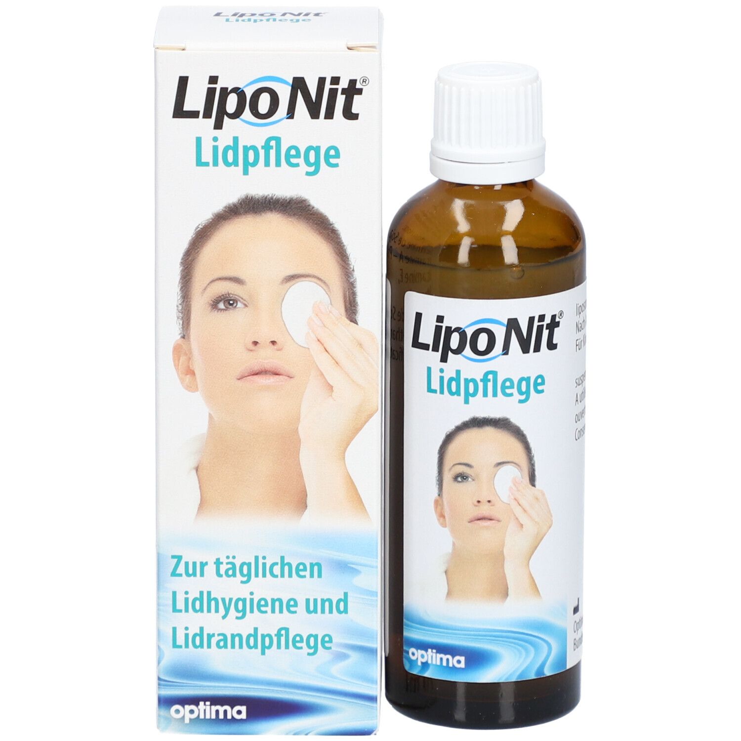 Emballage et flacon du produit. Inscription: Lipo Nit Lidpflege. Femme avec coton sur l'œil.