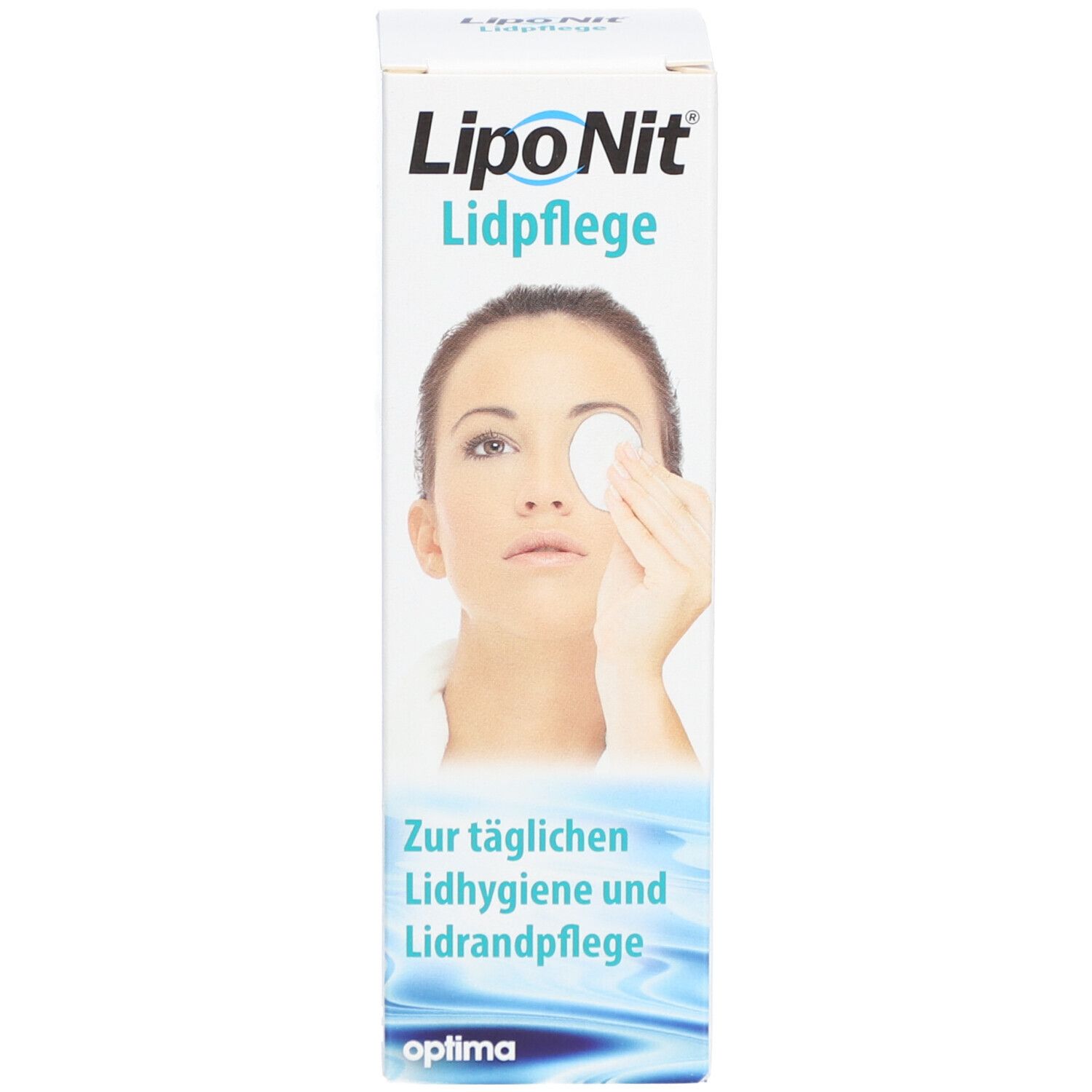 Emballage du produit. Inscription: Lipo Nit Lidpflege. Femme avec coton sur l'œil.