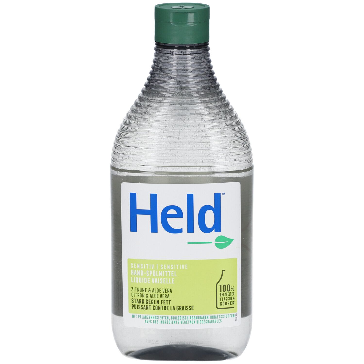 Held liquide vaisselle Zitrone & Aloe Vera. Bouteille transparente avec bouchon vert. Étiquette avec informations et logo.