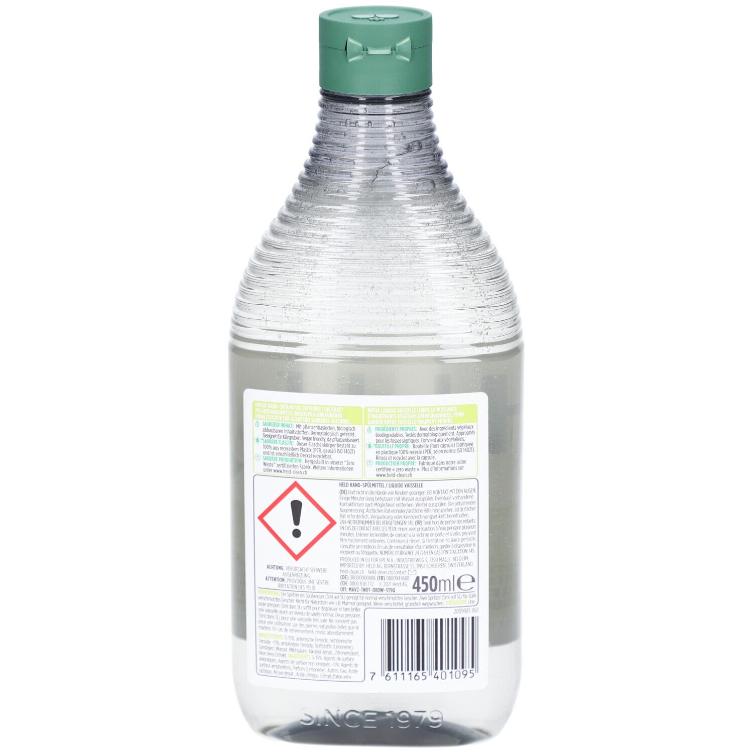 Dos de la bouteille de liquide vaisselle Held. Contient des avertissements, un code-barres et une indication de volume de 450 ml.