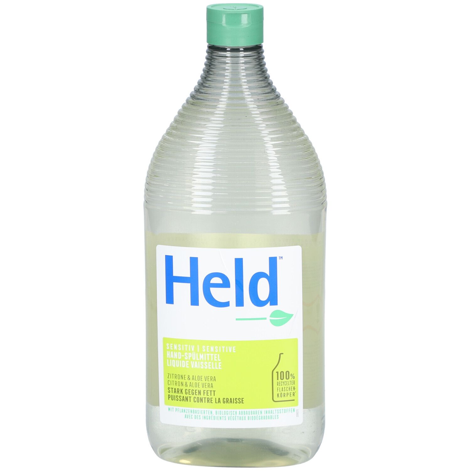 Bouteille transparente avec bouchon vert. Inscription "Held" et informations produit. Étiquette avec logo et texte.