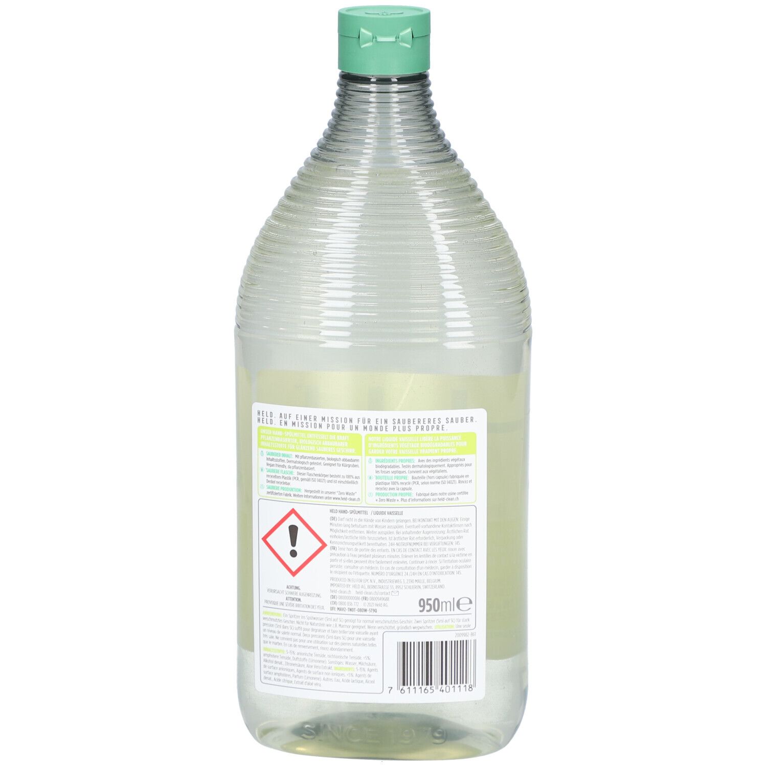 Bouteille transparente avec bouchon vert. Dos avec texte et avertissements. Indication de volume 950ml.
