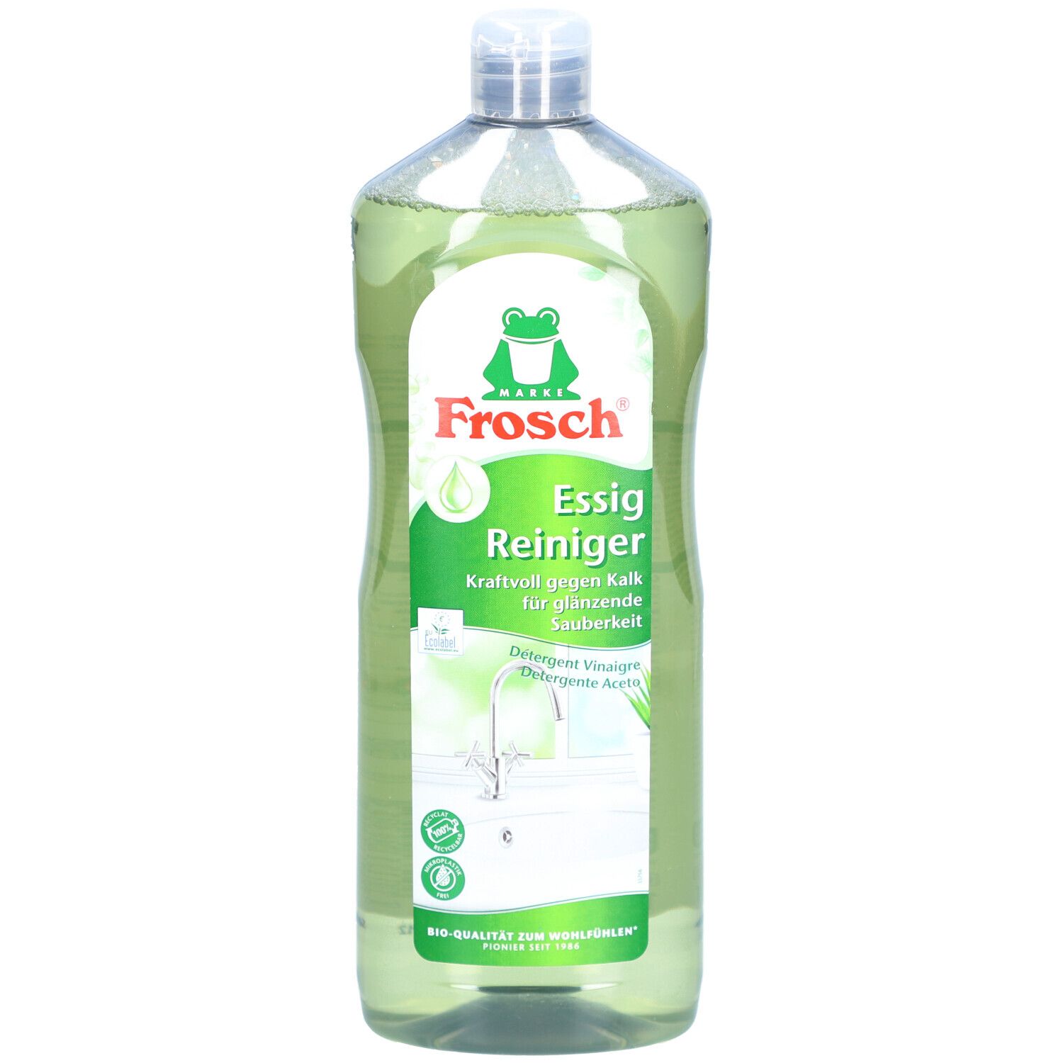 Bouteille de FROSCH Essig Reiniger. Liquide verdâtre. Étiquette blanche avec logo grenouille et informations produit.