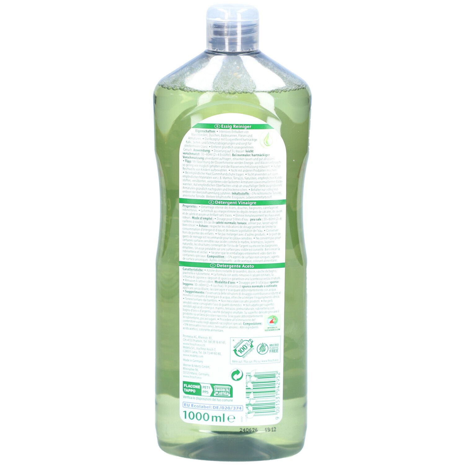 Vue arrière de la bouteille FROSCH Essig Reiniger. Étiquette avec texte multilingue. Liquide vert visible.