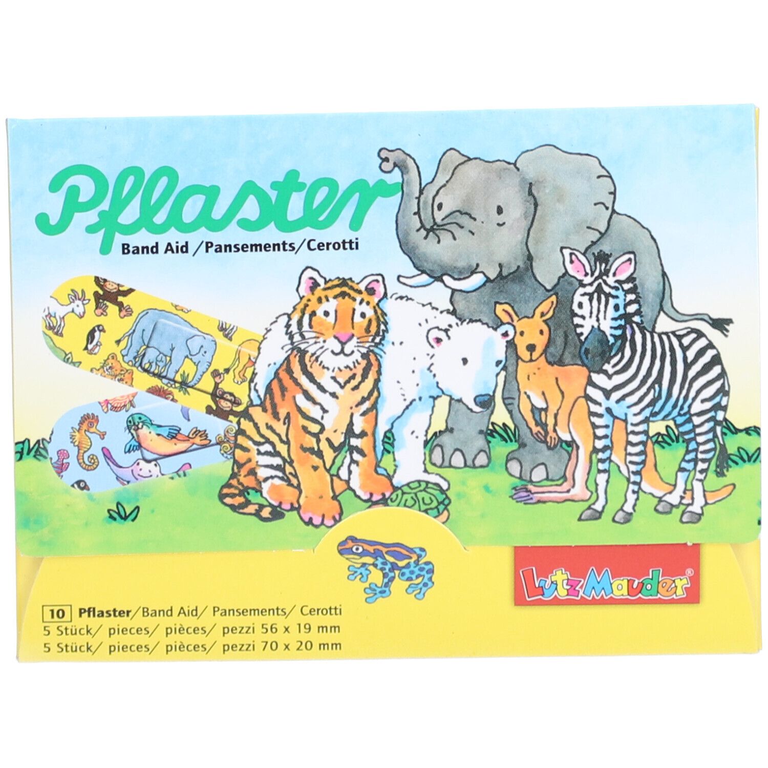Emballage de pansements pour enfants. Illustrations d'animaux colorés : tigre, éléphant, zèbre, ours polaire, kangourou. Texte : Pflaster, Lutz Mauder.