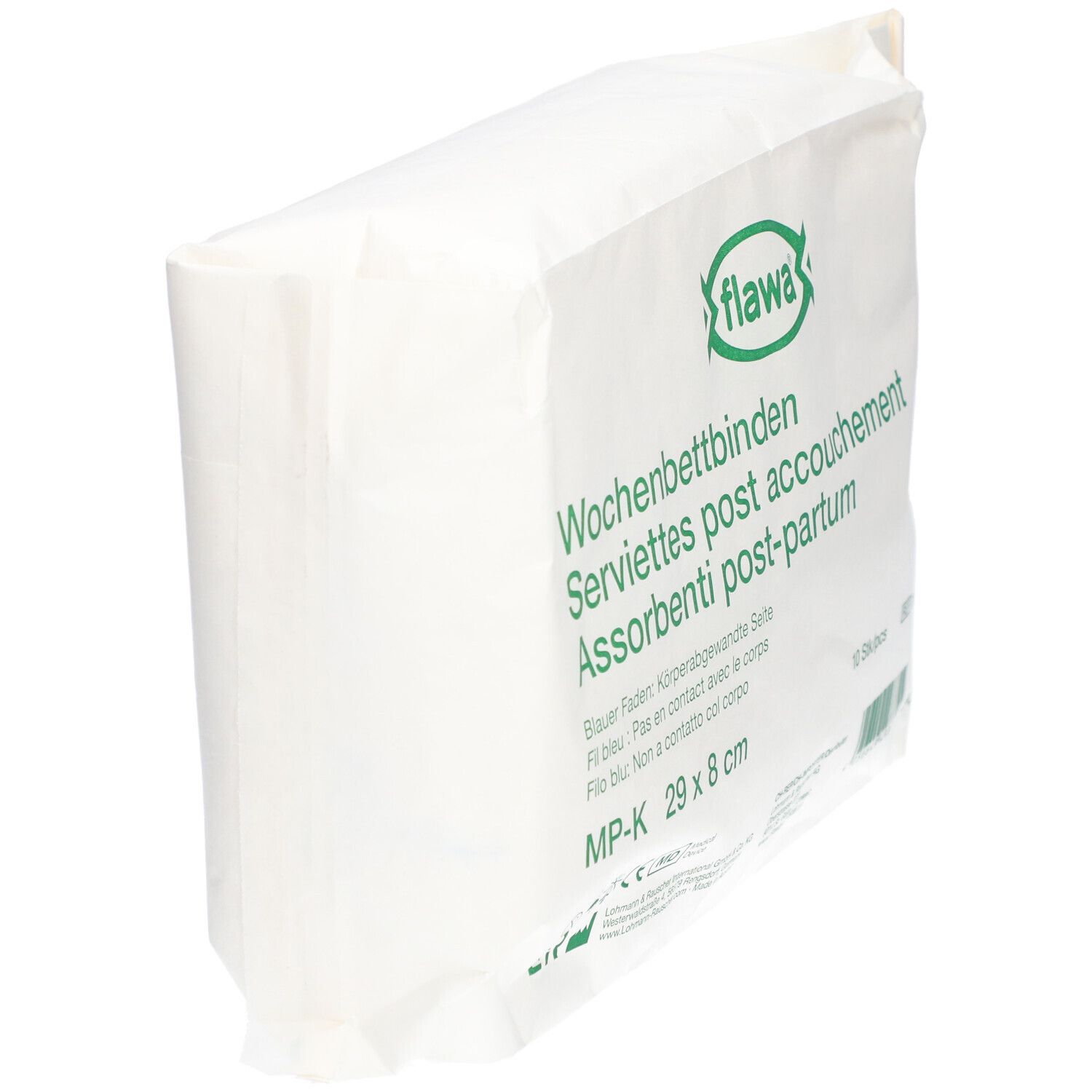 Emballage blanc incliné avec texte vert. Contient des serviettes post-partum. Marque : Flawa.