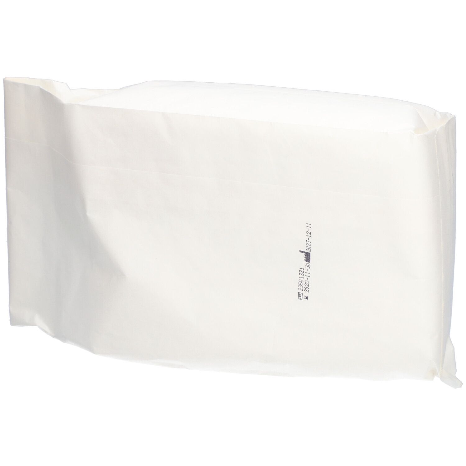 Emballage rectangulaire blanc. Contient des serviettes post-partum. Impression avec date de production et numéro de lot.