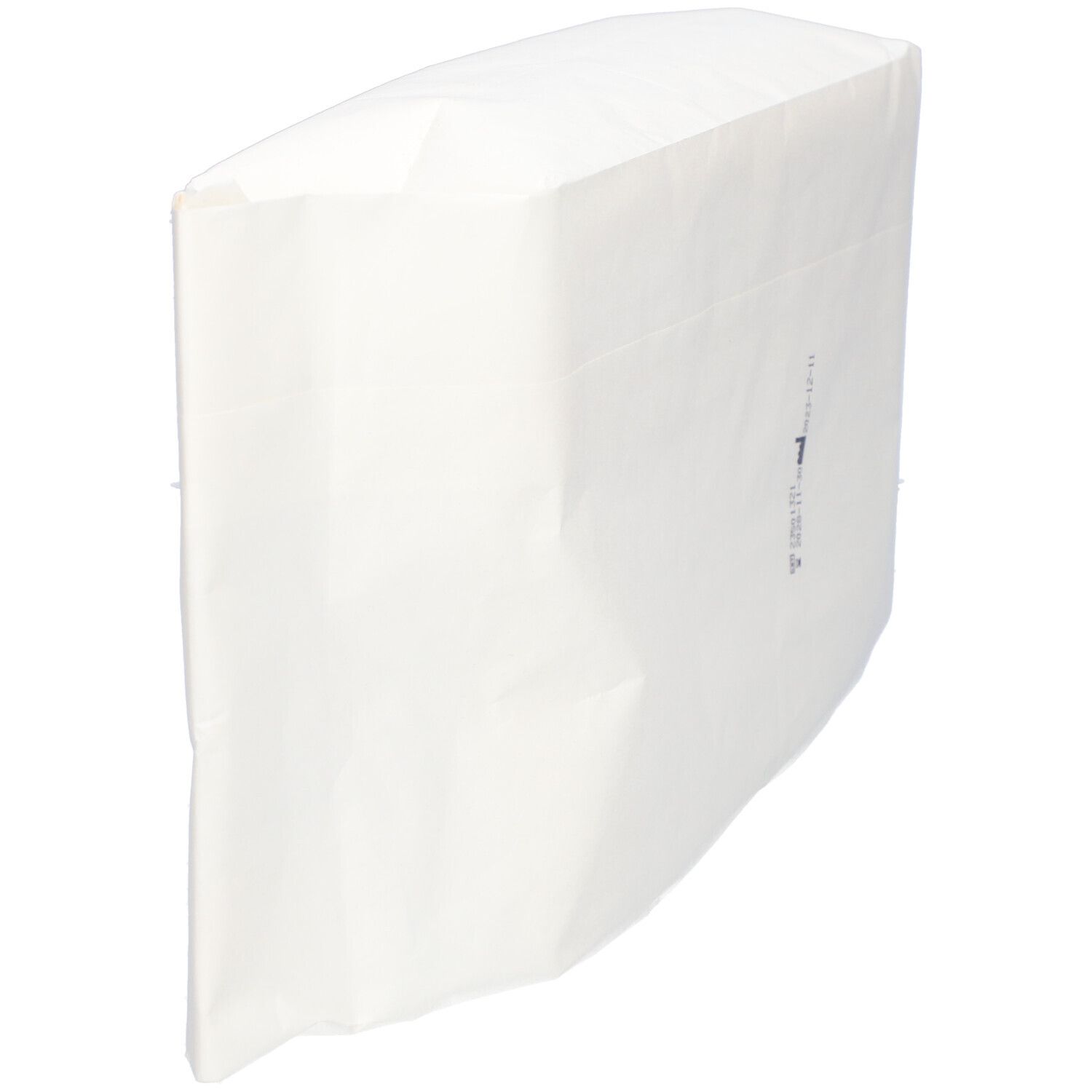 Emballage rectangulaire blanc. Contient des serviettes post-partum. Impression avec date de production et numéro de lot.