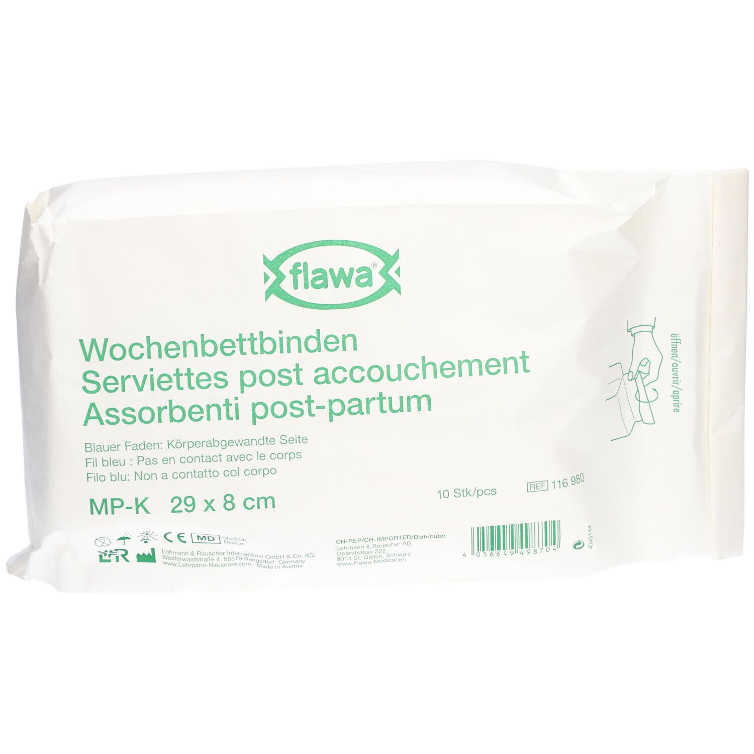 Emballage blanc avec texte vert. Contient des serviettes post-partum. Inscription : MP-K 29 x 8 cm. Marque : Flawa.