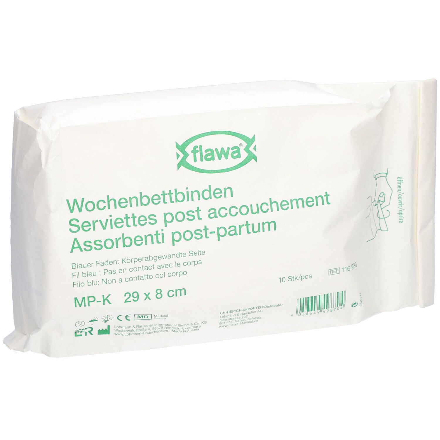 Emballage blanc avec texte vert. Contient des serviettes post-partum. Inscription : MP-K 29 x 8 cm. Marque : Flawa.
