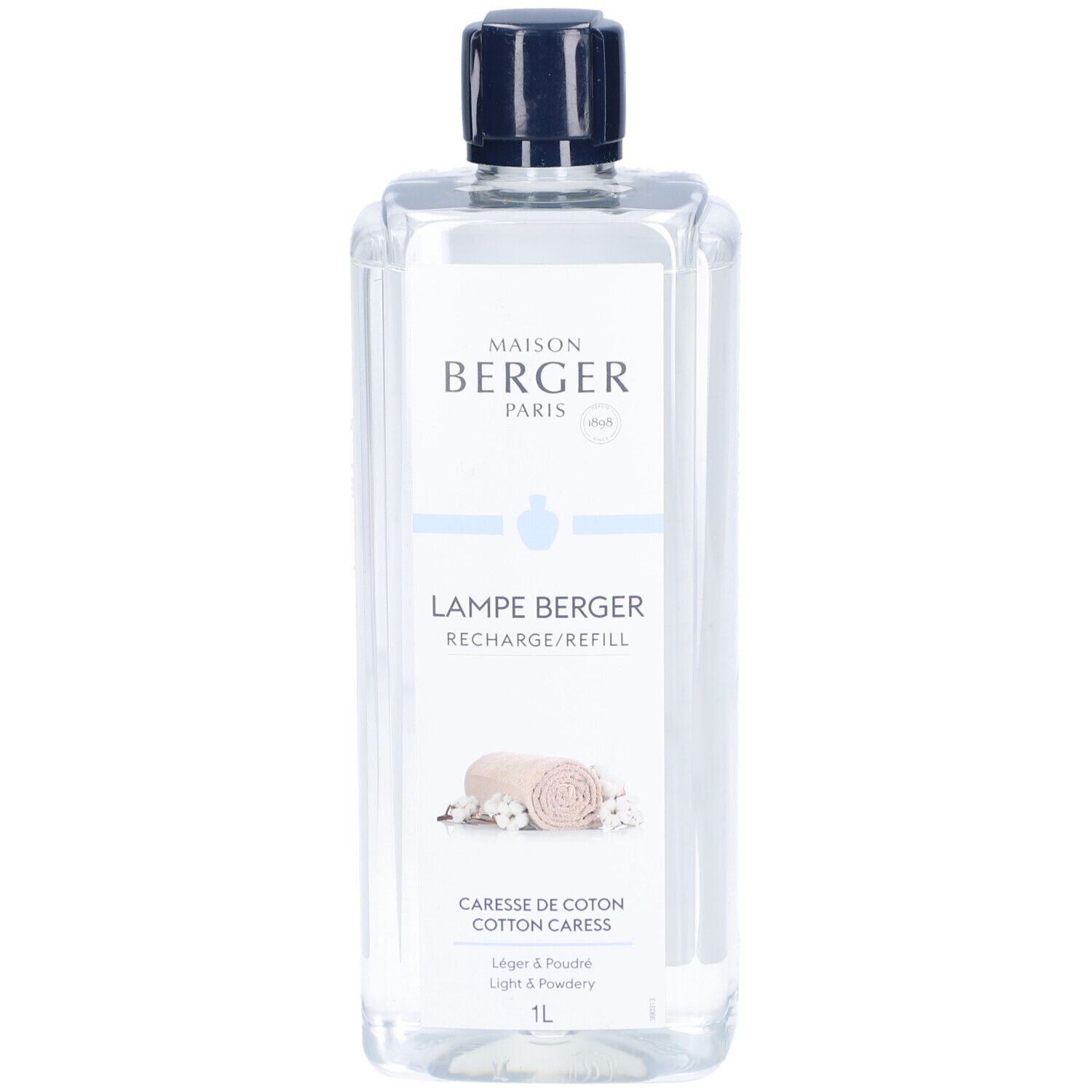 Flacon transparent avec bouchon bleu. Inscription: Maison Berger Paris, Lampe Berger, Caresse de Coton. 1L.