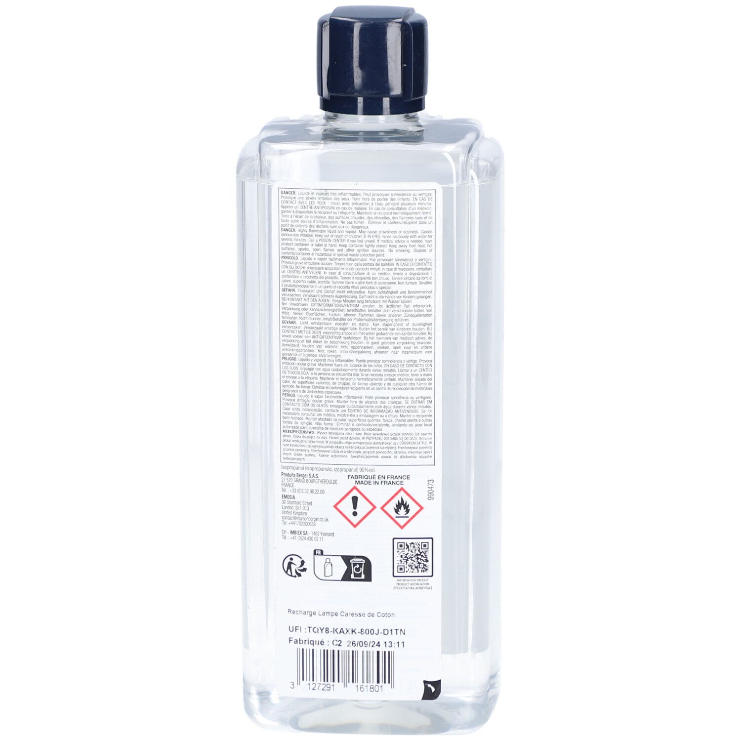 Dos d'un flacon transparent avec bouchon bleu. Texte et pictogrammes. Fabriqué en France.