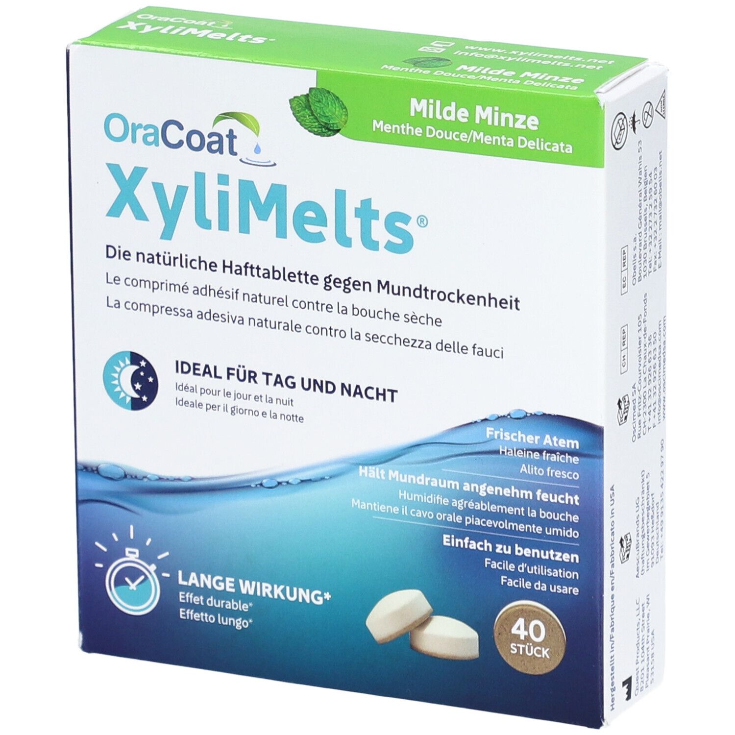 Boîte OraCoat XyliMelts®. Contient 40 comprimés. Inscription: Menthe Douce. Texte en allemand, français, italien.