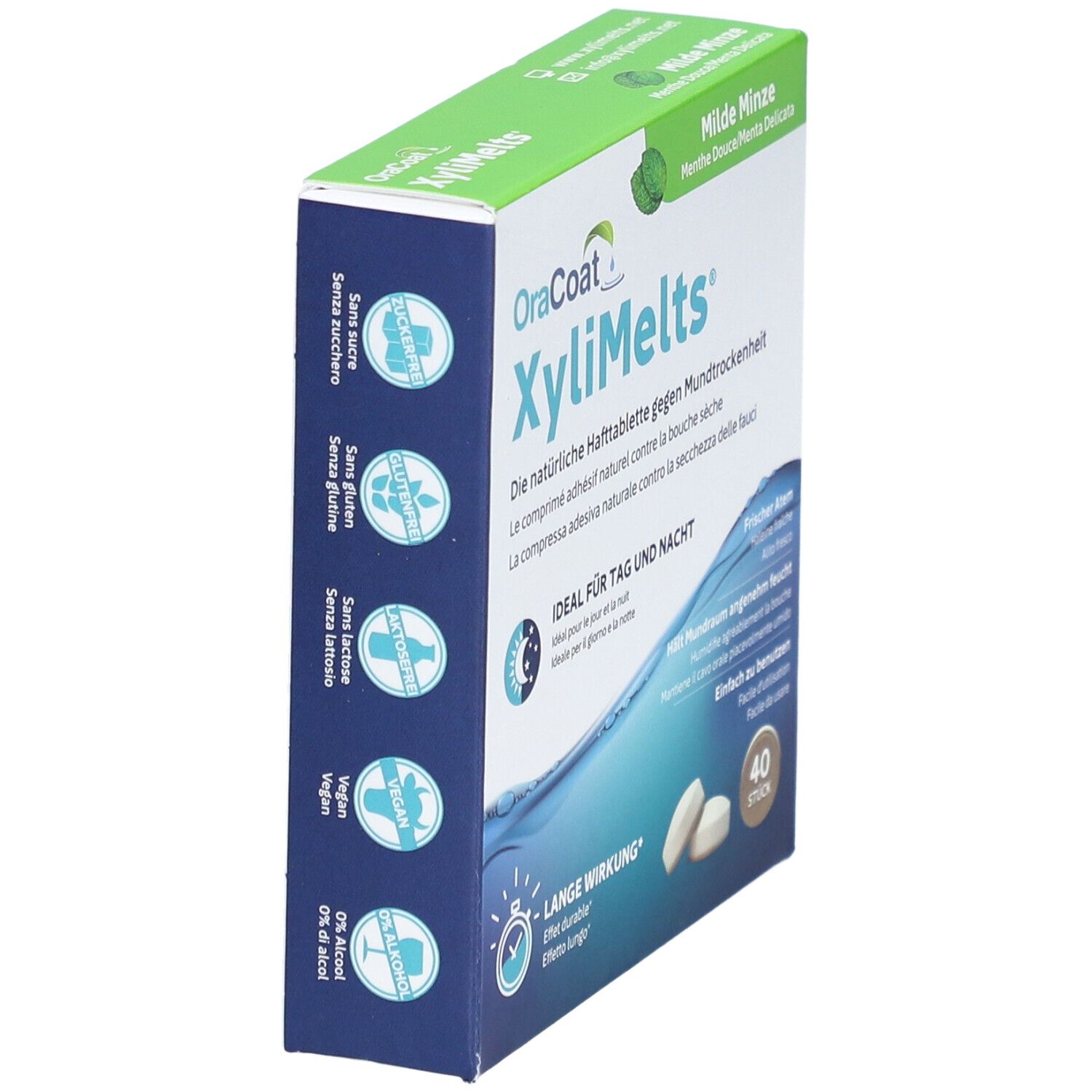 Boîte OraCoat XyliMelts®, en biais. Inscription: XyliMelts, texte en allemand, français, italien. 40 comprimés. Végétalien, sans gluten, sans alcool.