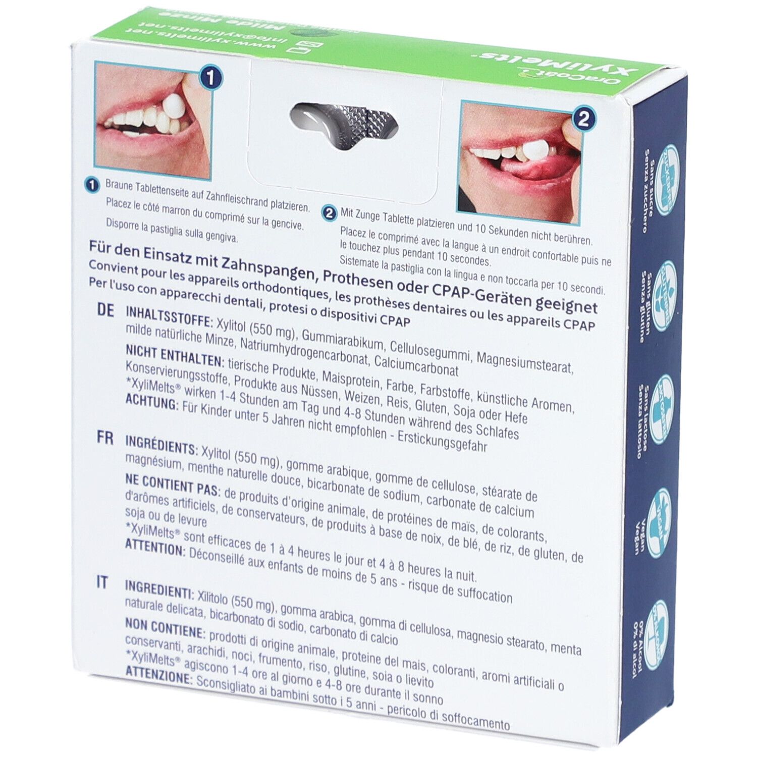 Dos de la boîte OraCoat XyliMelts®. Instructions avec images. Ingrédients et avertissements en allemand, anglais et italien.