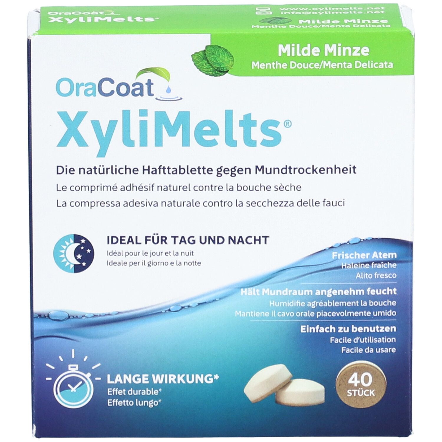 Boîte OraCoat XyliMelts®. Contient 40 comprimés. Inscription: Menthe Douce. Texte en allemand, français, italien. Idéal jour et nuit.