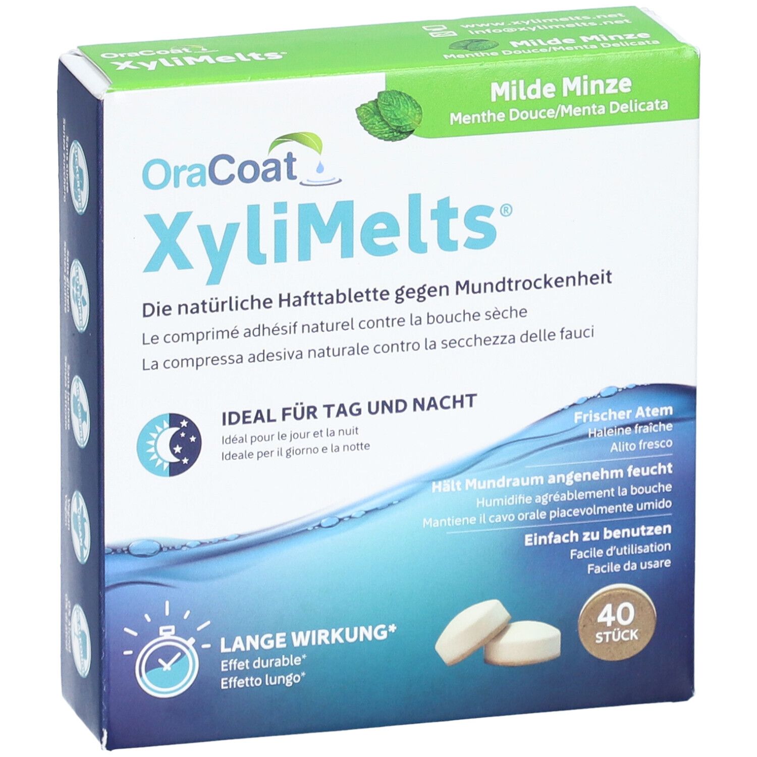 Boîte OraCoat XyliMelts®. Contient 40 comprimés. Inscription: Menthe Douce. Texte en allemand, français, italien. Idéal jour et nuit.