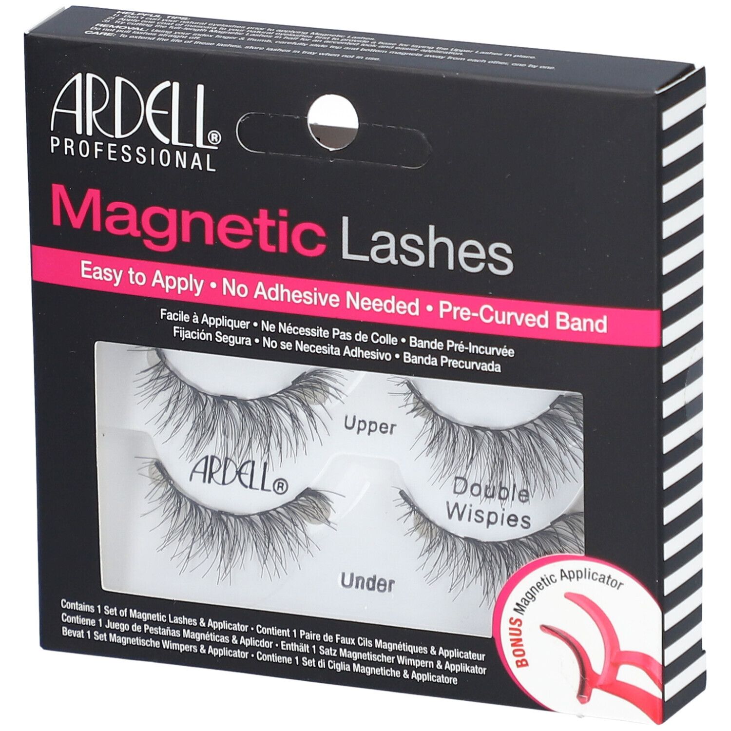 Boîte noire avec cils. "Magnetic Lashes" et "Double Wispies" visibles. Comprend un applicateur.