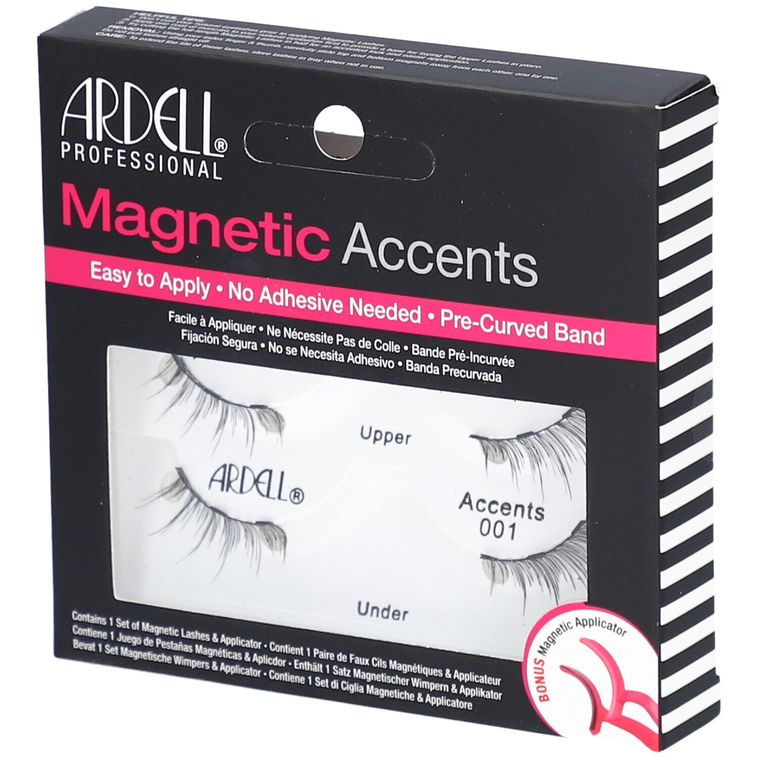 Ardell Magnetic Accents, cils magnétiques Typ 001. Boîte noire avec nom du produit et image des cils.