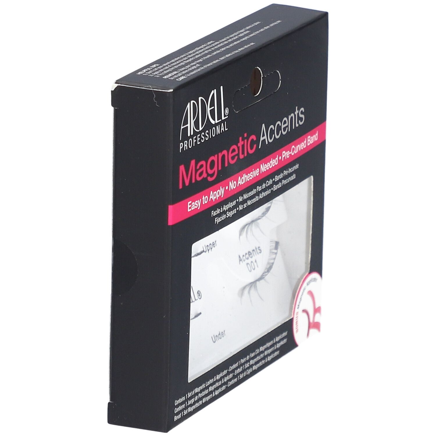 Ardell Magnetic Accents, vue latérale de l'emballage. Boîte noire avec nom du produit et fenêtre pour les cils.