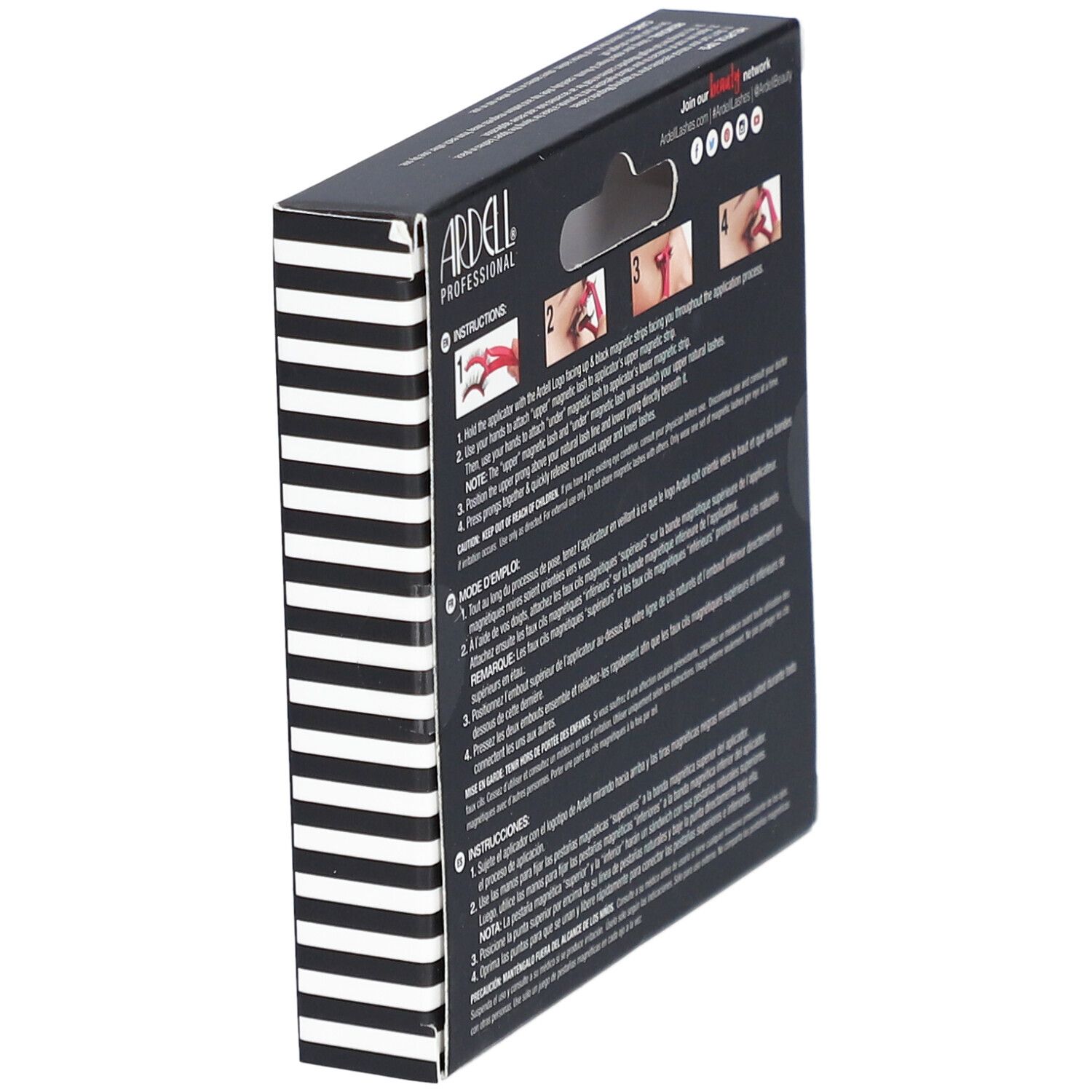 Vue latérale de l'emballage Ardell Magnetic Accents. Boîte noire avec informations et instructions.