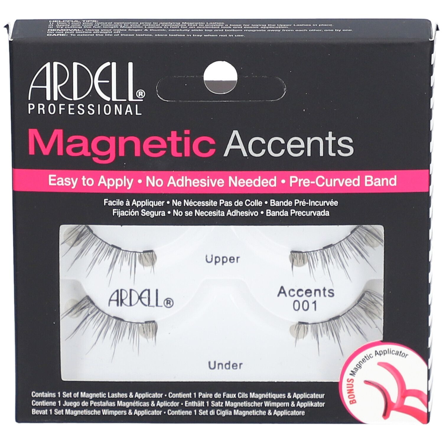 Ardell Magnetic Accents, cils magnétiques Typ 001. Boîte noire avec nom du produit et image des cils.