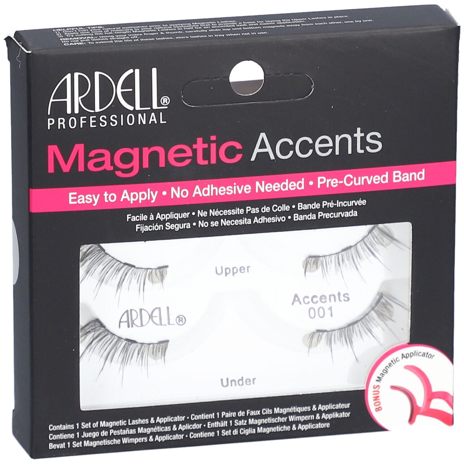 Ardell Magnetic Accents, cils magnétiques Typ 001. Boîte noire avec nom du produit et image des cils.